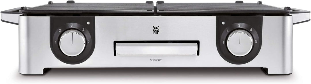 WMF Lono Master-Grill, Elektrogrill, 50x28 cm, Elektrogrill Tischgrill mit Windschutz und Auffangschale, Outdoorzertifiziert für Barbecue, 2 getrennt regulierbare Grillflächen, 2400 W, edelstahl matt