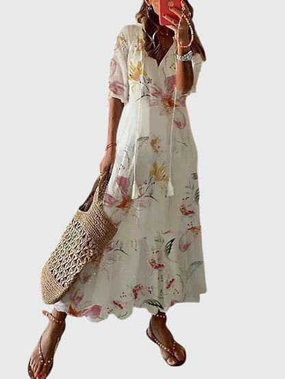 Letní boho šaty pro ženy ve vintage stylu s výstřihem do V | Lehký a vzdušný dlouhý bohémský šaty na každodenní nošení
