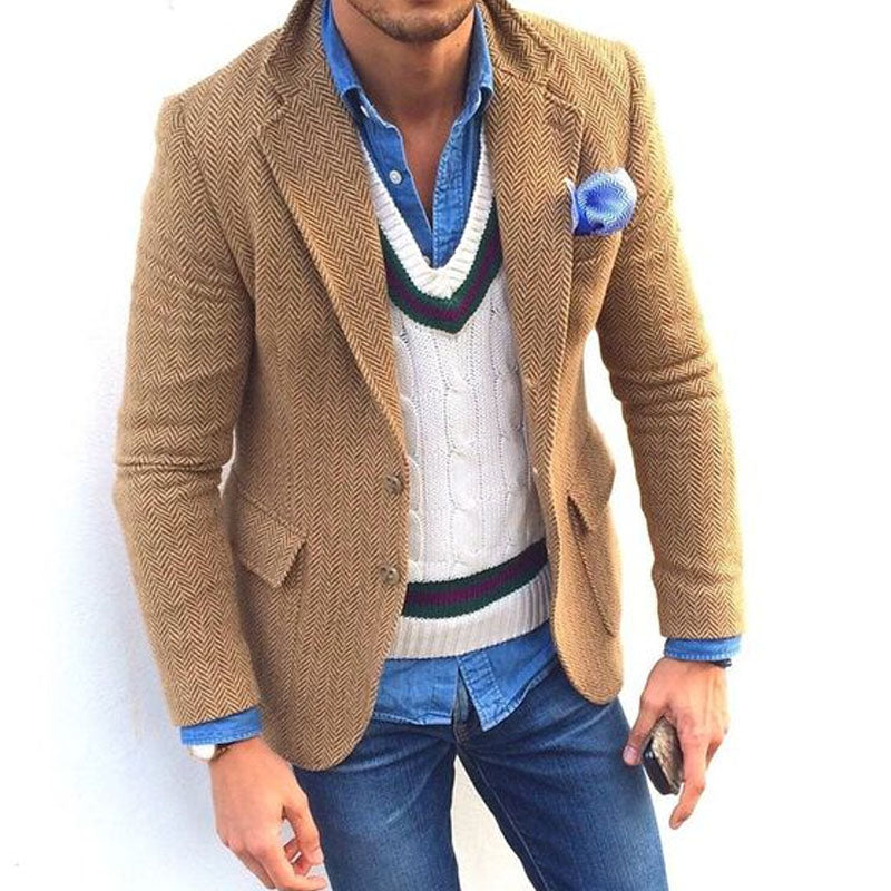 Blazer en laine vintage avec motif chevrons et col pour homme