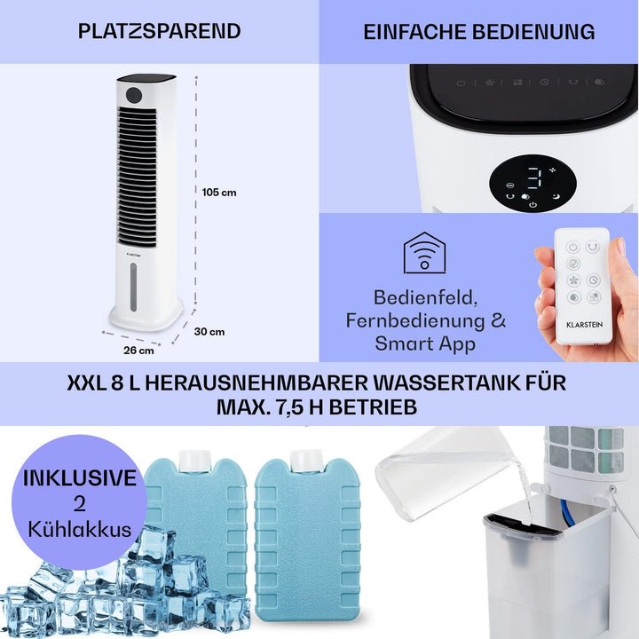 Klarstein Luftkühler mit Wasserkühlung, 5-in-1 Verdunstungskühler, Luftbefeuchter, Ventilator & Luftreiniger, Mobile Klimageräte Luftkühler mit App-Steuerung, 80W Air Cooler, 462m³/h Luftstrom, Weiß