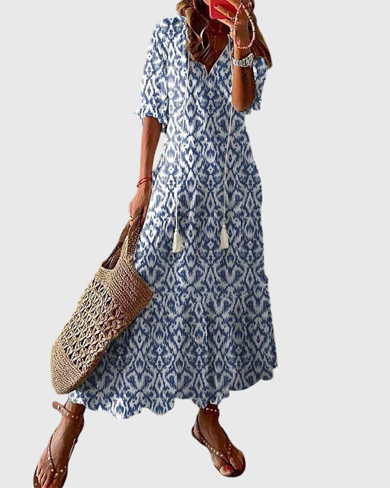 Letní boho šaty pro ženy ve vintage stylu s výstřihem do V | Lehký a vzdušný dlouhý bohémský šaty na každodenní nošení