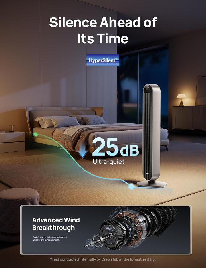 Dreo 25dB leiser Smart Turmventilator mit Sprachsteuerung, WiFi Alexa Ventilator, APP Steuerung, 120° Oszillierender Standventilator, 12 Geschwindigkeiten, 4 Modi, 12-Stund-Timer, Pilot Max S
