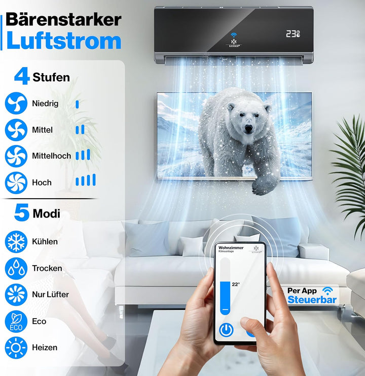KESSER® Klimaanlage Set Split - mit WiFi/App Funktion Klimagerät - Kühlen A++/ Heizen A+ - 9000 BTU/h (2.600 Watt) Kältemittel R32 - Fernbedienung, Timerfunktion - Inkl. komplettem Montagematerial
