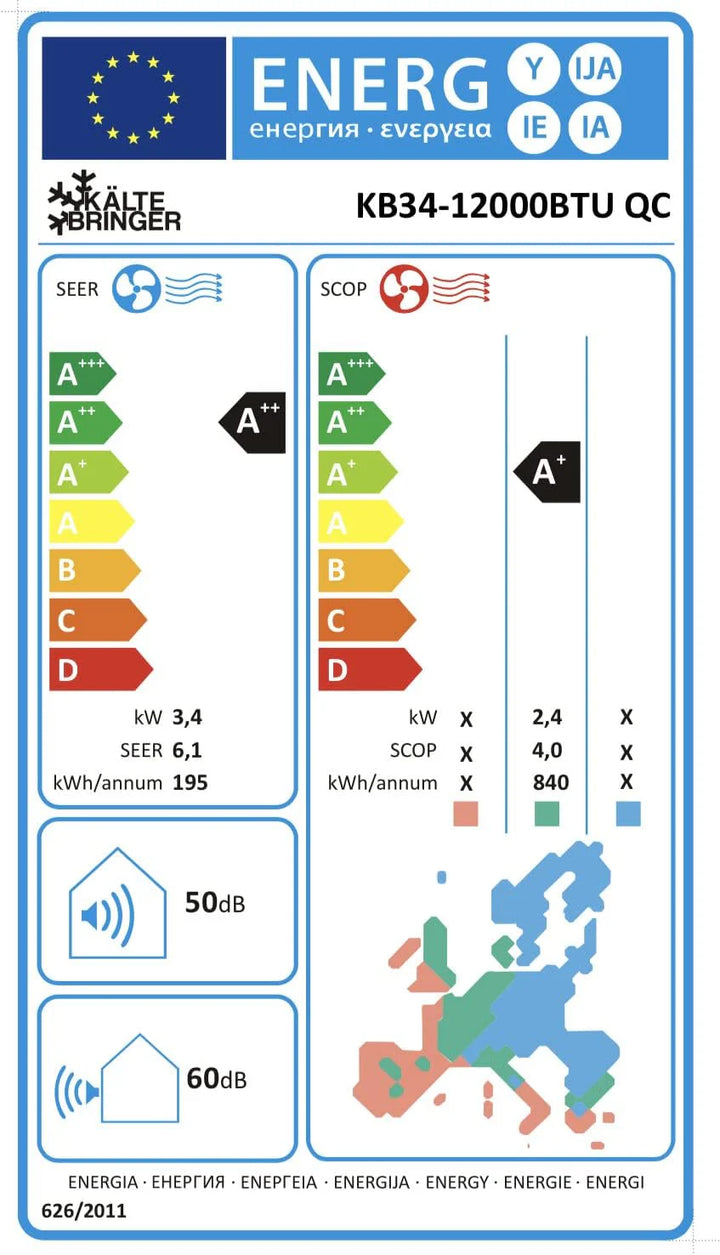 Kältebringer Split Klimaanlage Quick Connect - 12000 BTU (3,4 kW) Klimagerät mit Heizfunktion, WiFi & App, bis 91qm, sehr leise - 5m Kupferleitung, Kältemittel R32, Montagematerial, Wandhalterung