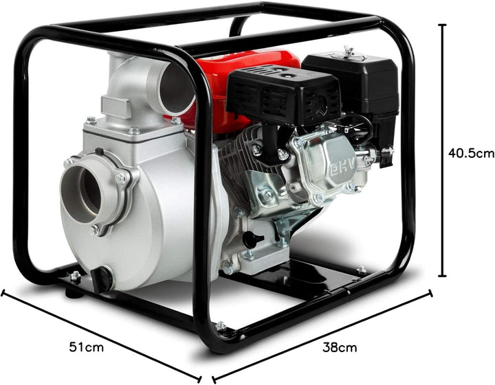 EBERTH 5,5PS Wasserpumpe mit 30.000l/h und 30m Förderhöhe, 2 Zoll Anschluss, Gartenpumpe Schmutzwasserpumpe mit 4-Takt-Motor und 7m Ansaughöhe, Benzin Pumpe, Seilzugstart, Metallfuß, Tragegriff