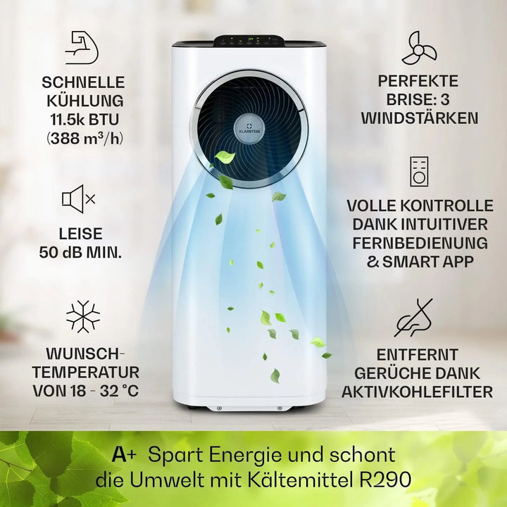 Klarstein Mobile Klimaanlage mit Abluftschlauch, 5-in-1 Klimagerät, Ventilator, Luftentfeuchter, Luftreiniger & Nachtmodus, App-Steuerung, Kleine & Portable, für Wohnung & Büro, 12000 BTU