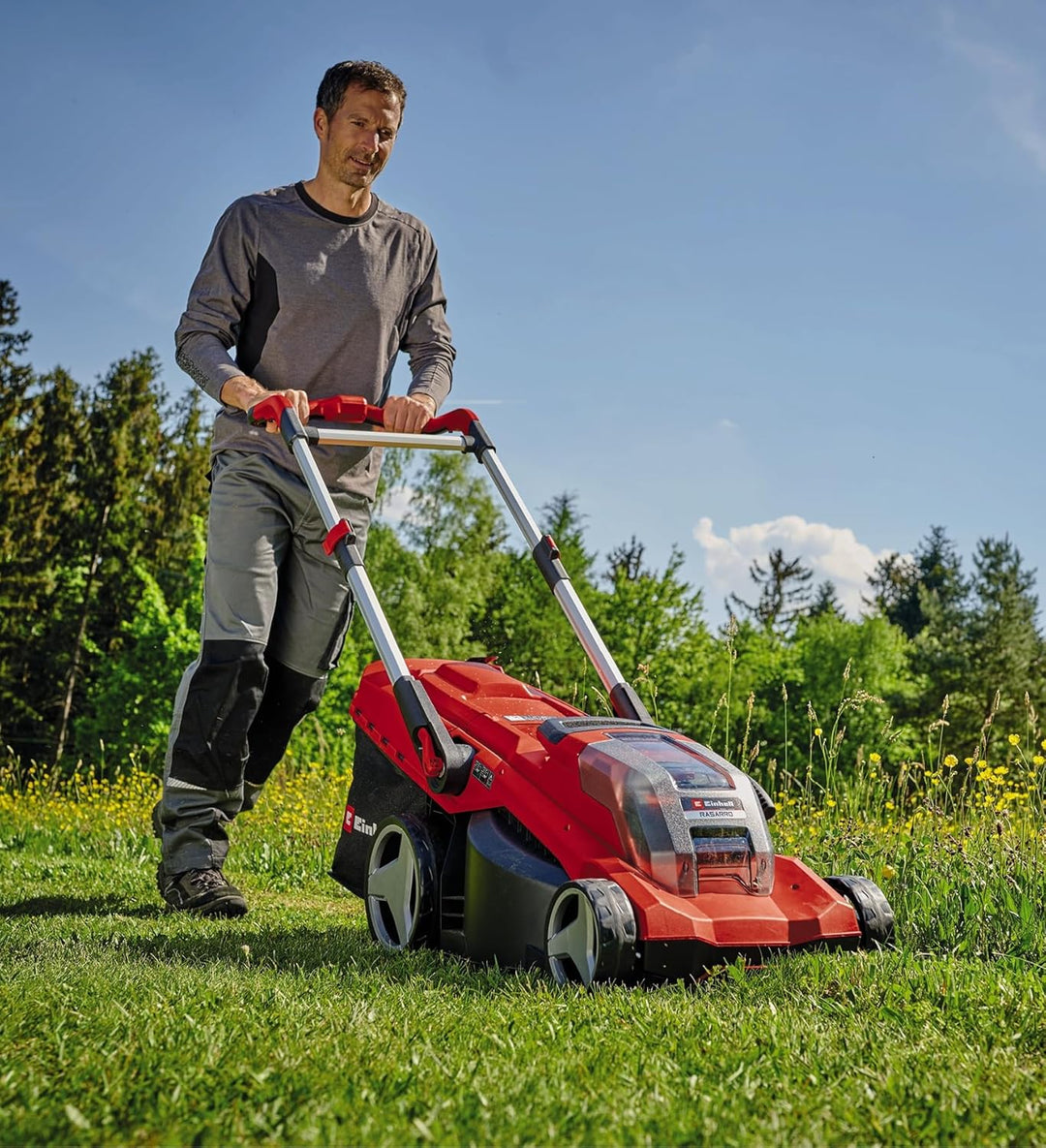 Einhell Akku-Rasenmher RASARRO 36/38 Kit Power X-Change (36 V, 38 cm Schnittbreite, 450 m, Brushless, Mulchfunktion, 45L Fangkorb, inkl. 2x 4,0 Ah Akkus + Twincharger)