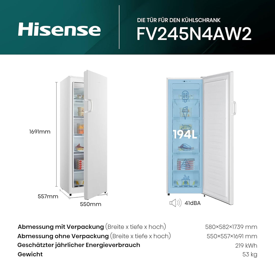 Hisense FV191N4AW2 Gefrierschrank/ TotalNoFrost/ SuperFreeze/ Türalarm/ Multiflow 360°/ BigBox/ 143,4 cm/ Gefrierteil 147 l/ 41 dB/ 205 kWh/Wei