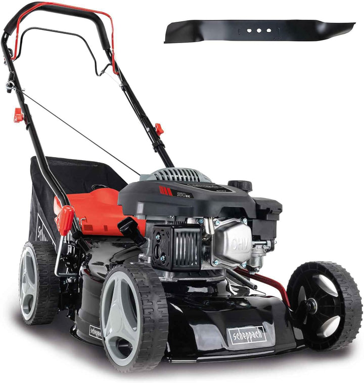 Scheppach Benzin Rasenmäher MS150-42 - 3,5PS | Schnittbreite 42cm | Radantrieb | Stahlgehäuse | Reinigungsfunktion | Mulchfunktion | 45 Liter Fangkorb | Höhenverstellung in 7 Stufen (25-75mm)