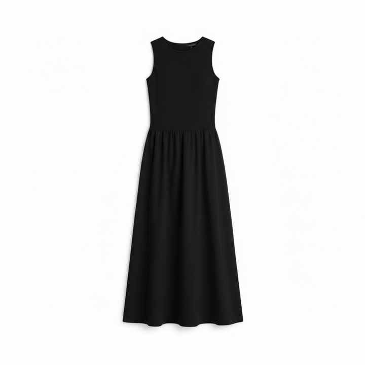 Robe maxi sans manches ajustée et évasée pour femme avec col rond et silhouette jusqu'à la cheville
