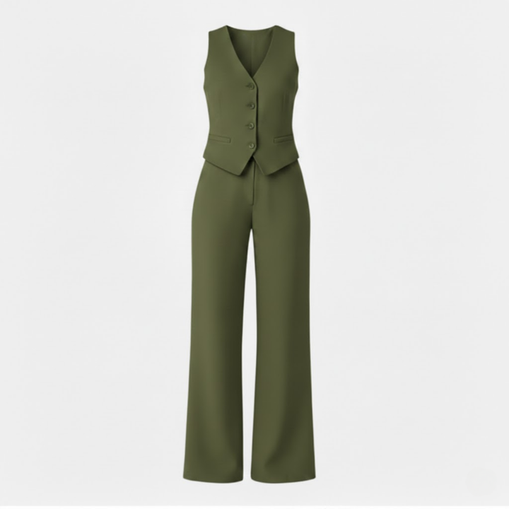 Conjunto de Dos Piezas: Chaleco sin Mangas con Escote en V y Pantalón de Pierna Ancha de Cintura Alta