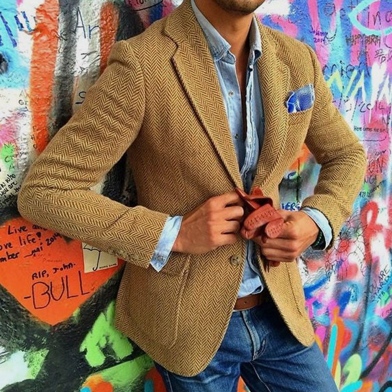 Blazer en laine vintage avec motif chevrons et col pour homme