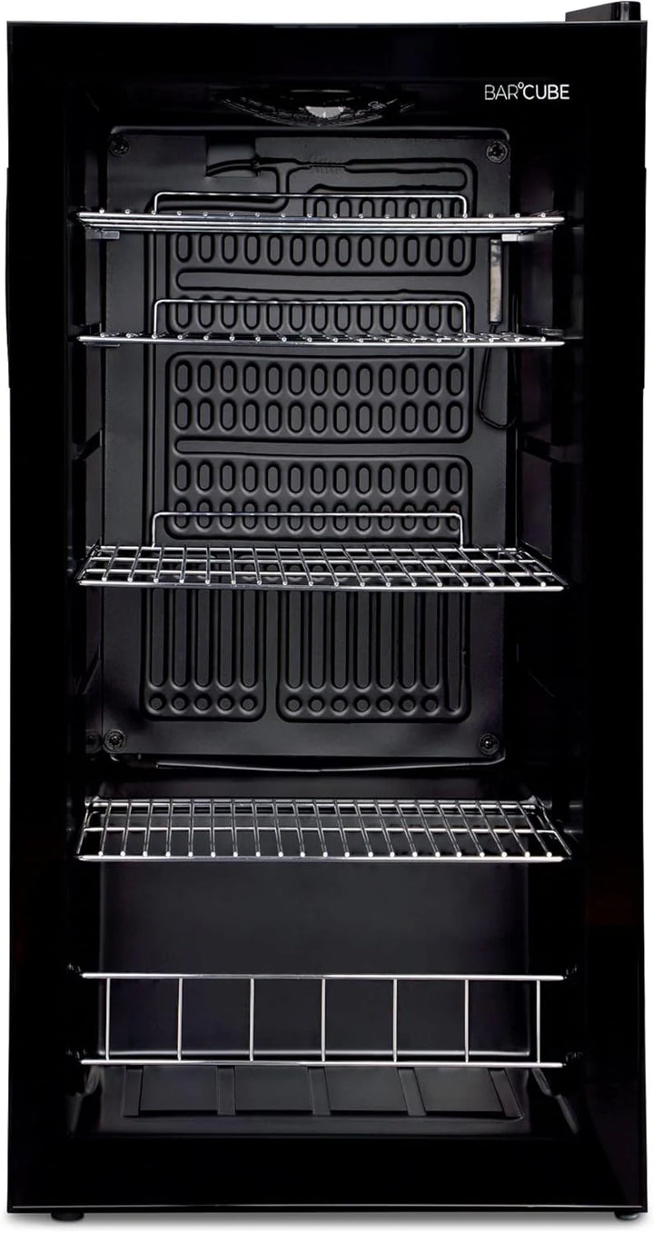 °CUBES Getränkekühlschrank 90L mit Glastür & 4 variablen Ablagen | Kompakter Flaschenkühlschrank, perfekt für zu Hause, Büro, Partys & Gastro | Stilvoller Kühlschrank mit Glastür, schwarz