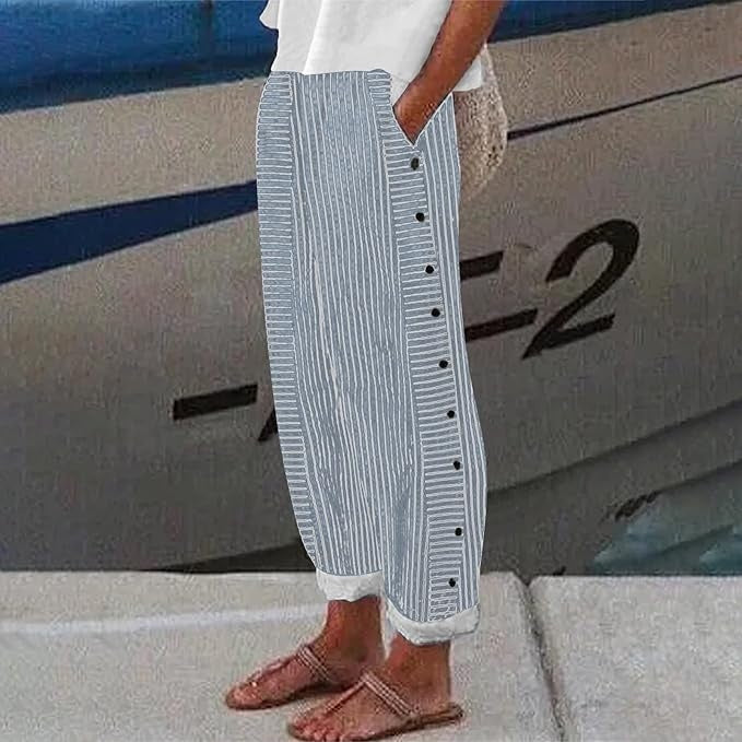 Pantalones de Lino y Algodón para Mujer | Pantalón de Rayas con Botones Laterales y Cintura Elástica de Corte Relajado