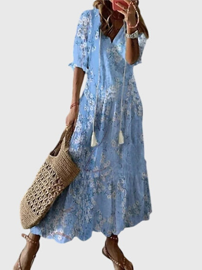 Letní boho šaty pro ženy ve vintage stylu s výstřihem do V | Lehký a vzdušný dlouhý bohémský šaty na každodenní nošení