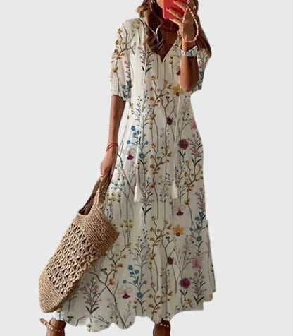 Letní boho šaty pro ženy ve vintage stylu s výstřihem do V | Lehký a vzdušný dlouhý bohémský šaty na každodenní nošení