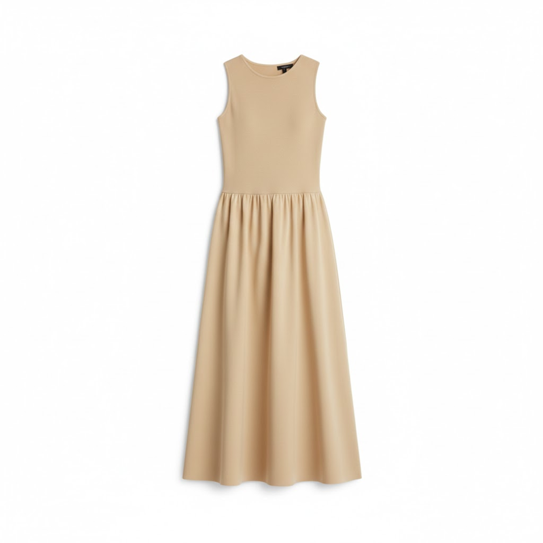 Robe maxi sans manches ajustée et évasée pour femme avec col rond et silhouette jusqu'à la cheville