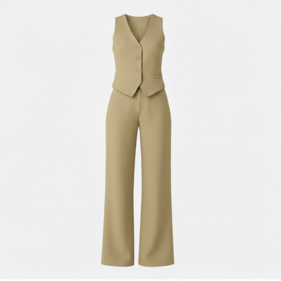 Conjunto de Dos Piezas: Chaleco sin Mangas con Escote en V y Pantalón de Pierna Ancha de Cintura Alta