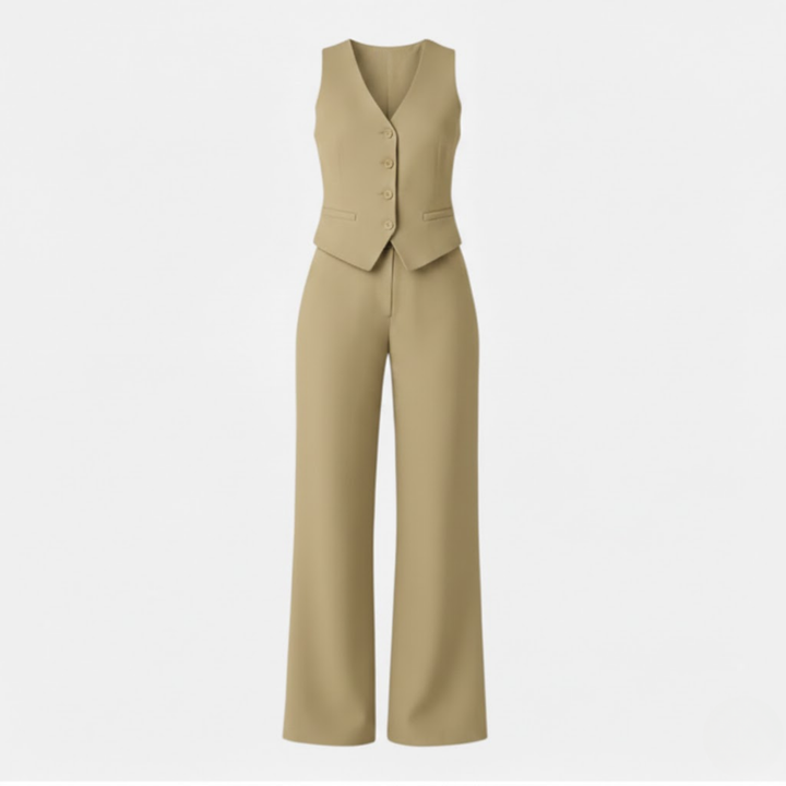 Conjunto de Dos Piezas: Chaleco sin Mangas con Escote en V y Pantalón de Pierna Ancha de Cintura Alta