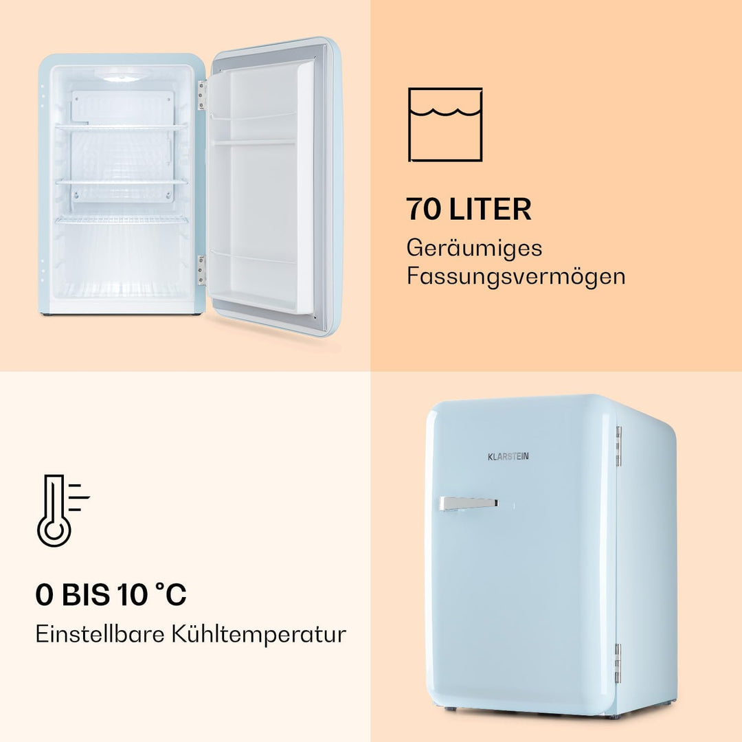Klarstein Audrey Mini - kleiner Kühlschrank, kompakte Mini-Bar, freistehend, Kompressionskühlung, Fassungsvermögen, Kühlung: 0-10 °C, Mini-Kühlschrank mit 70 Liter Fassungsvermögen, rot