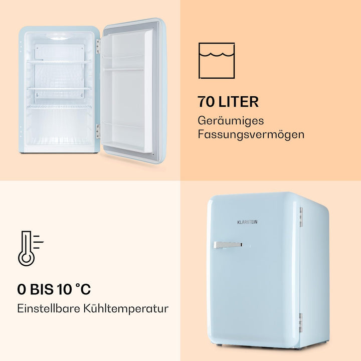Klarstein Audrey Mini - kleiner Kühlschrank, kompakte Mini-Bar, freistehend, Kompressionskühlung, Fassungsvermögen, Kühlung: 0-10 °C, Mini-Kühlschrank mit 70 Liter Fassungsvermögen, rot