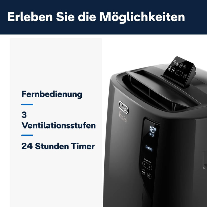 De'Longhi Pinguino PAC EL112 CST mobiles Klimagerät mit Abluftschlauch, Klimaanlage Für Räume bis 110 m³, Luftentfeuchter, Ventilationsfunktion, 24h-Timer, Schwarz