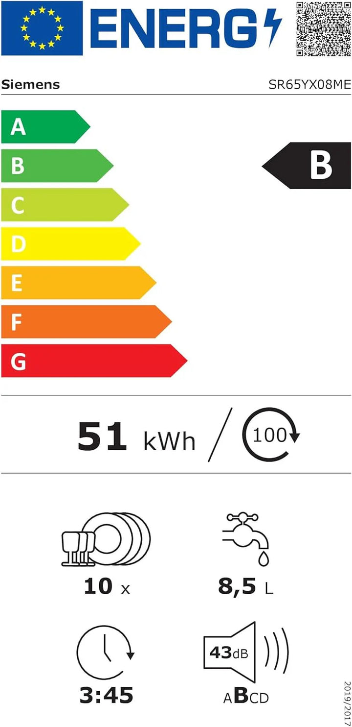 Siemens SR65YX08ME, iQ500 Smarter Geschirrspüler Vollintegriert, 45 cm breit, Besteckschublade, Zeolith, extra leise, aquaStop, automatische Türöffnung nach Programmende, varioSpeed, Innenbeleuchtung