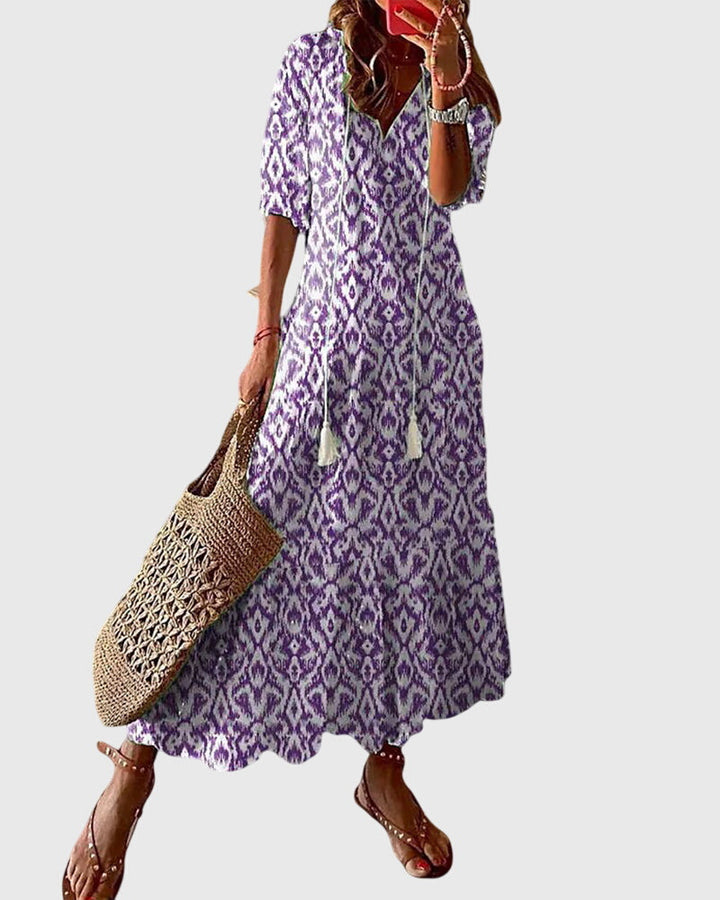 Letní boho šaty pro ženy ve vintage stylu s výstřihem do V | Lehký a vzdušný dlouhý bohémský šaty na každodenní nošení