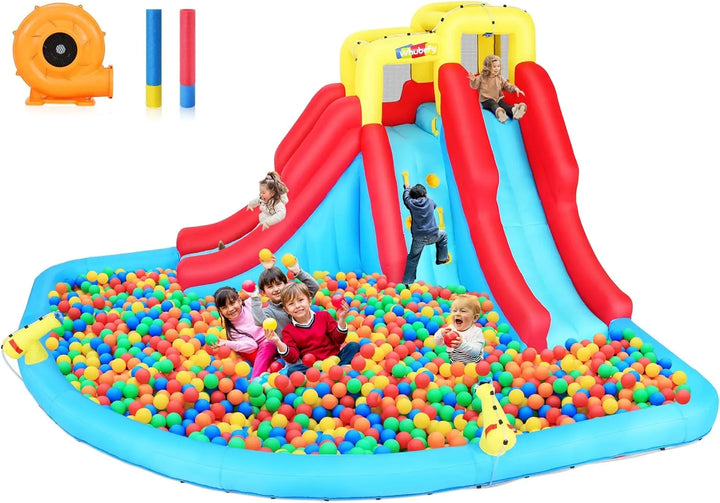 Aufblasbare Wasserrutschen für Kinder, 8-in-1-Hüpfburg-Wasserpark mit 450-W-Gebläse, Kletterwand, Planschbecken, 2 Wasserkanonen, Basketballkorb, Wasserrutsche, Krokodilsprinkler als Geschenk für eine Gartenparty