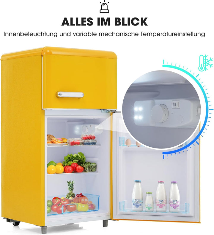 Merax Kühlschrank mit Gefrierfach, Kühl-Gefrierkombination, klein Kühlschrank mit 51L und Gefrierschrank 21L, Leise, LED, Glasablagen, Gemüsefach, Türablagen, für Küche, Wohnzimmer, Büro, Schwarz