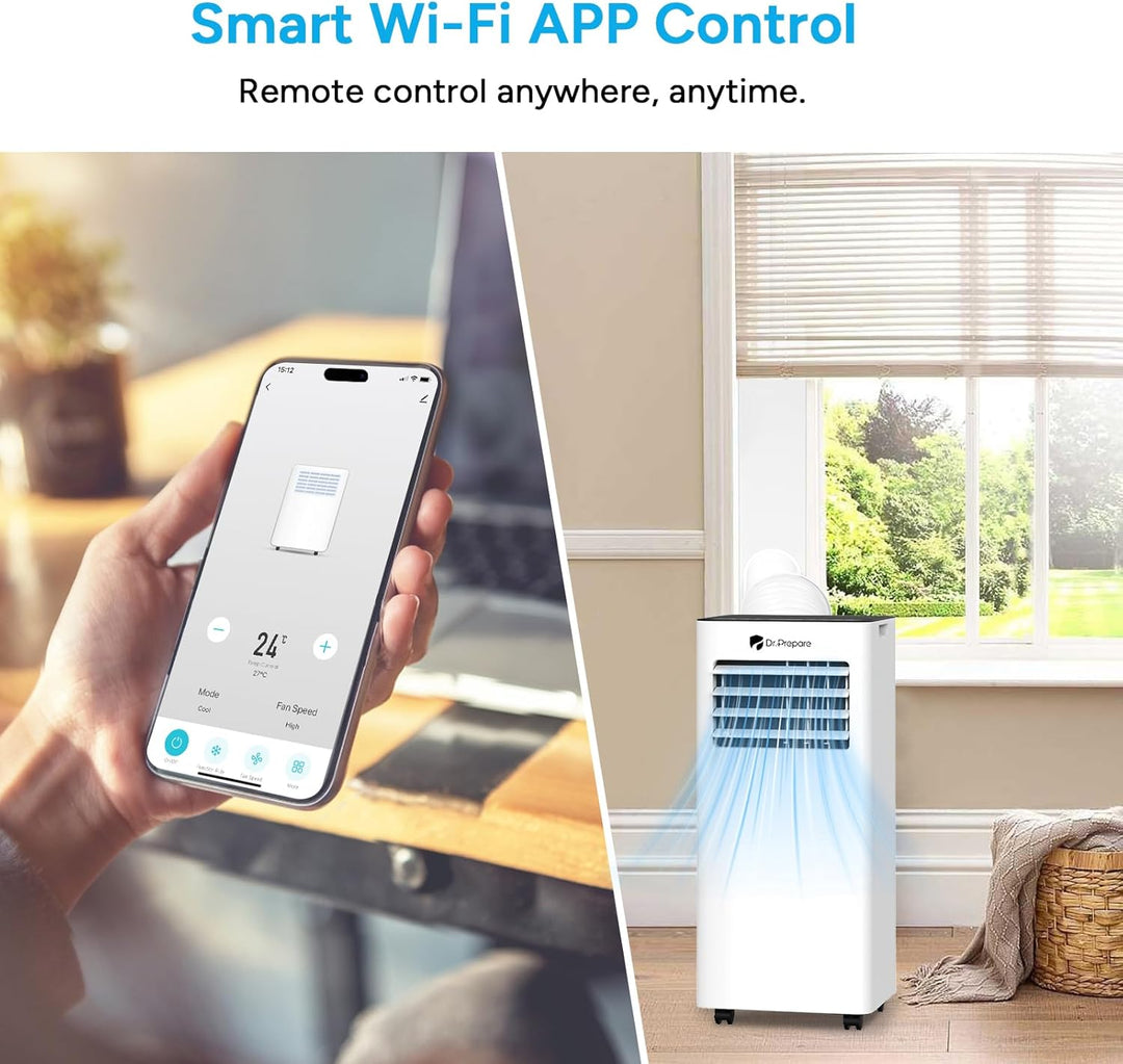 DR.PREPARE Mobiles Klimagerät 9000 BTU mit APP, 4 in 1 Mobile Klimaanlage mit Abluftschlauch, Kühlen&Ventilieren&Entfeuchten, Ventilator & Schlafmodus mit Fernbedienung, Kühlt bis zu 30m², 1-24H Timer