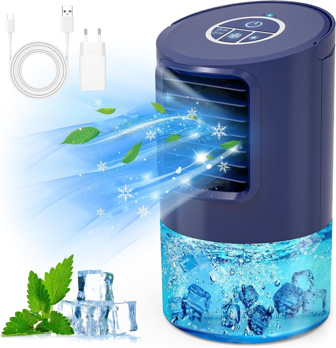RenFox Klimagerte Mini Luftkühler, 5 in 1 Mobile Klimaanlage, Air Cooler Klimagert, Ventilator, Luftbefeuchter, 3 Geschwindigkeiten, 7 LED Luftkühler Klein für Zuhause und Büro