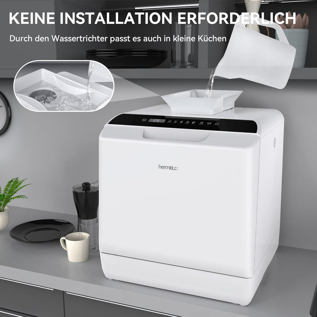 Hermitlux Mini Geschirrspüler, Spülmaschine für 4 Bestecksätze, 5 Liter Wassertank, 6 Programme Mini Tischgeschirrspüler, Perfekt für Wohnungen, Schlafsäle, Camping, Weiß