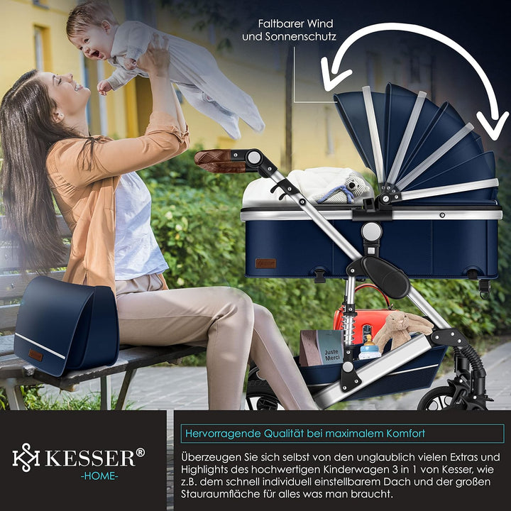 KESSER Loops 3 in 1 Kinderwagen Kombikinderwagen Komplett-Set inkl. Babywanne & Buggy Sportsitz & Auto-Babyschale Voll-Gummireifen Wickeltasche Regenschutz Kindertisch ECE R129, Schwarz/Champagne