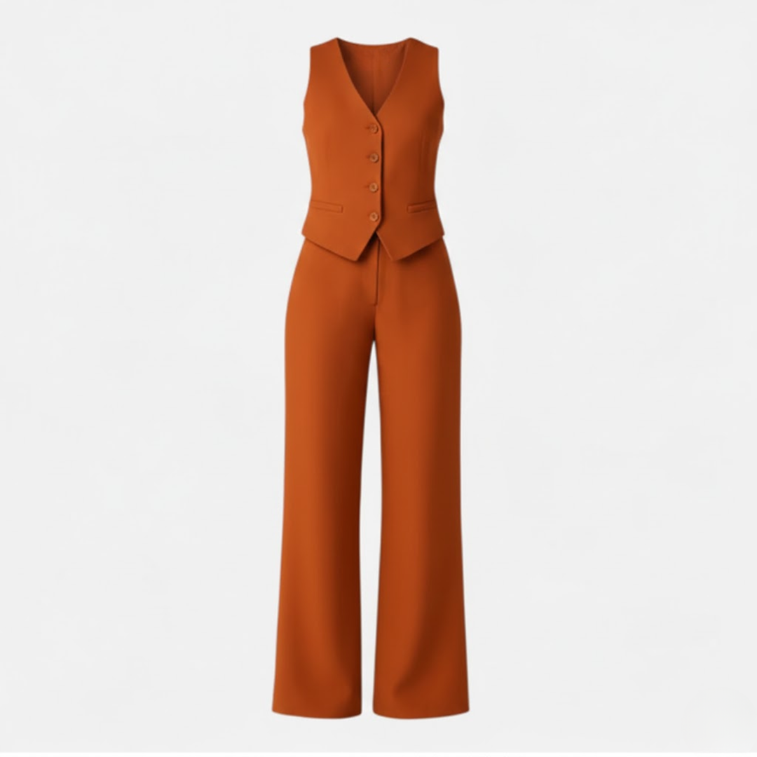 Conjunto de Dos Piezas: Chaleco sin Mangas con Escote en V y Pantalón de Pierna Ancha de Cintura Alta