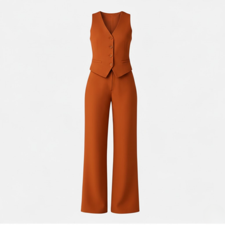 Conjunto de Dos Piezas: Chaleco sin Mangas con Escote en V y Pantalón de Pierna Ancha de Cintura Alta