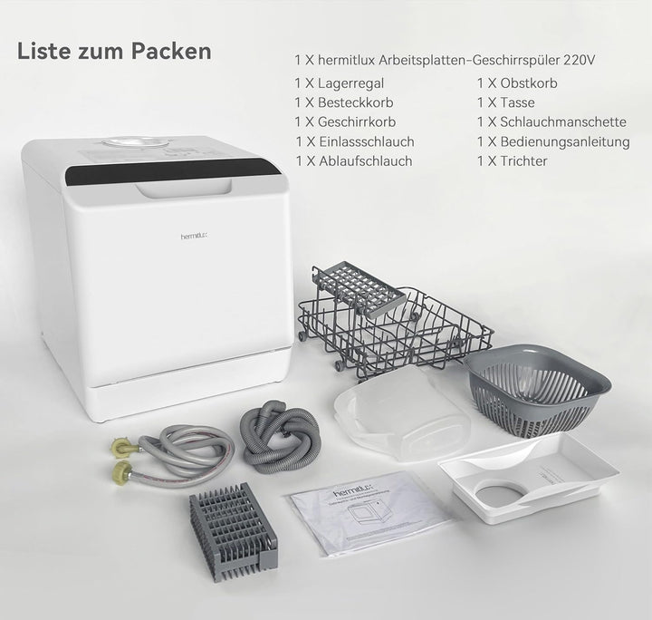 Hermitlux Mini Geschirrspüler, Spülmaschine für 4 Bestecksätze, 5 Liter Wassertank, 6 Programme Mini Tischgeschirrspüler, Perfekt für Wohnungen, Schlafsäle, Camping, Weiß
