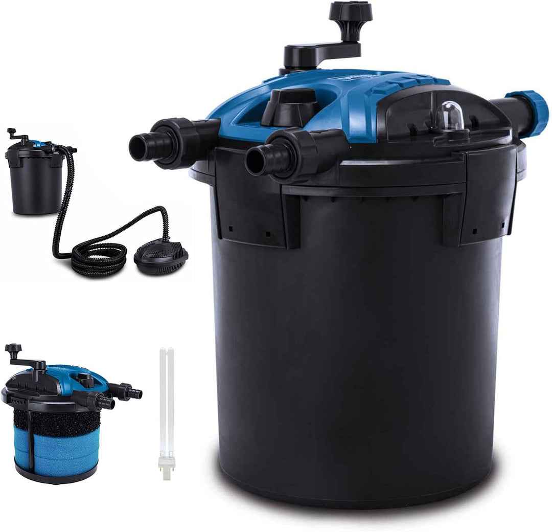 Scheppach Teichdruckfilter Komplettset PFS8000 | für Teiche bis 8000 Liter | Fördermenge 4000 L/h | 11 W UV-C Klärer mit Spin Clean | int. Schmutzanzeige | 9,5L Tank | Teichfilter Druckteichfilter