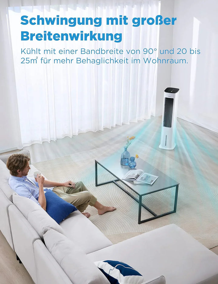 Midea Luftkühler mit Wasserkühlung, Klimaanlage Mobil, Ventilator mit 5L Wasserkühlung, Luftbefeuchter und Ionisation, Klimaanlage Ohne Abluftschlauch, 355m/h, Ventilator mit Fernbedienung,55W,Wei