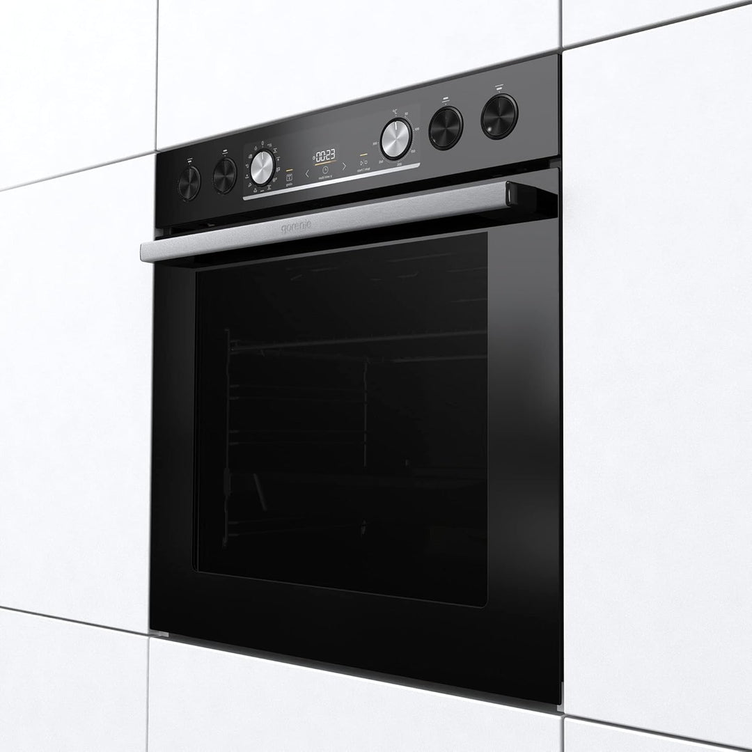 Gorenje Einbauherd-Set Heißluft Inox Set 4 mit Glaskeramik-Kochfeld / 77 Liter / ExtraSteam / GentleClose & Open / EcoClean / AirFry / PizzaMode / PerfectGrill / Teleskopauszüge / Inox-Look