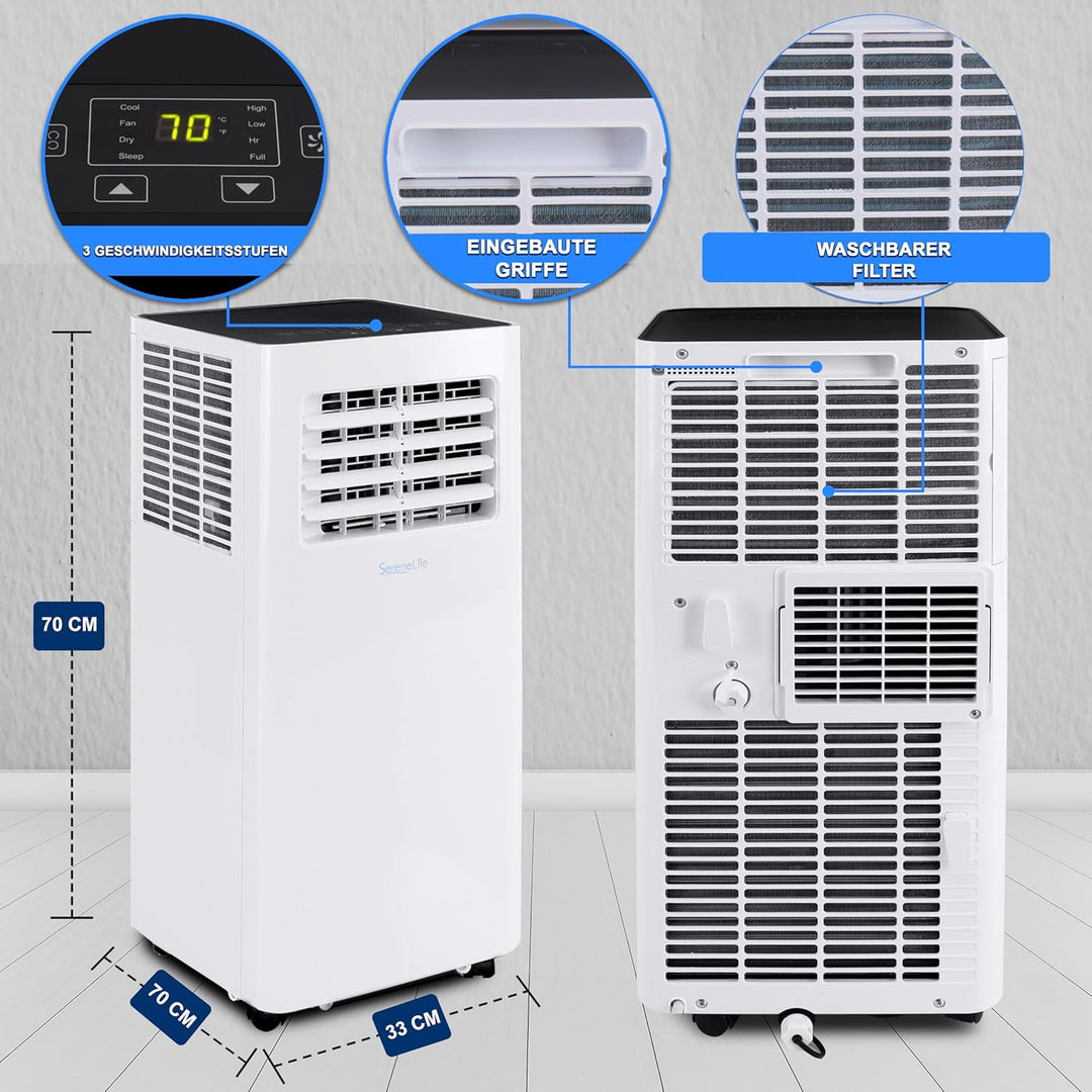SereneLife 3-in-1 Mobile Klimaanlage mit Abluftschlauch – Klimagerät als Luftkühler, Ventilator & Luftentfeuchter– Mini Klimaanlage für Räume bis zu 28 m2 – Luftkühler für Zuhause & Büro 10,000 BTU