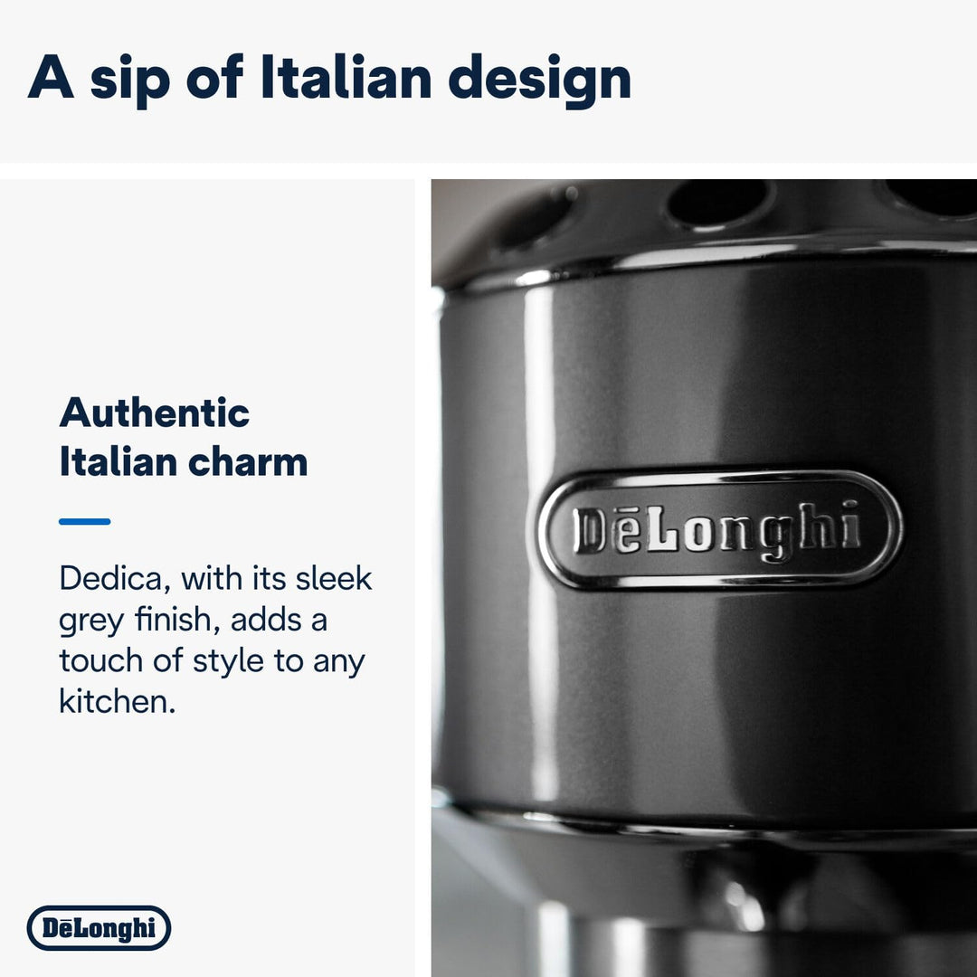 De'Longhi Dedica Style EC 685.M – Espresso Siebtrgermaschine, Espressomaschine mit professionellem Milchaufschumer, nur 15 cm breit, für Kaffeepulver oder ESE Pads, 1 l Wassertank, silber