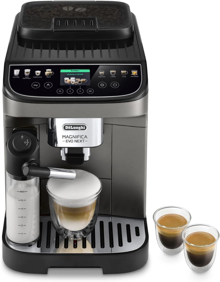 De'Longhi Magnifica Evo Next ECAM312.80.TB, Kaffeevollautomat mit 13 Getränken (Cappuccino, Espresso, Latte Macchiato), 2,4'' TFT Farbdisplay, LatteCrema Milchsystem, 2-Tassen-Funktion, Titan
