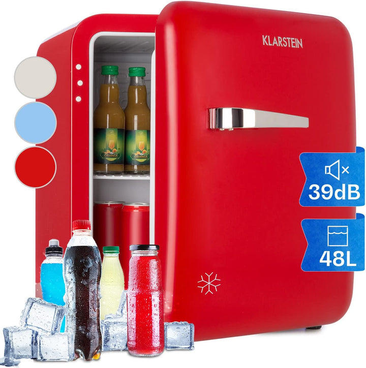 Klarstein Audrey Mini - kleiner Kühlschrank, kompakte Mini-Bar, freistehend, Kompressionskühlung, Fassungsvermögen, Kühlung: 0-10 °C, Mini-Kühlschrank mit 70 Liter Fassungsvermögen, rot