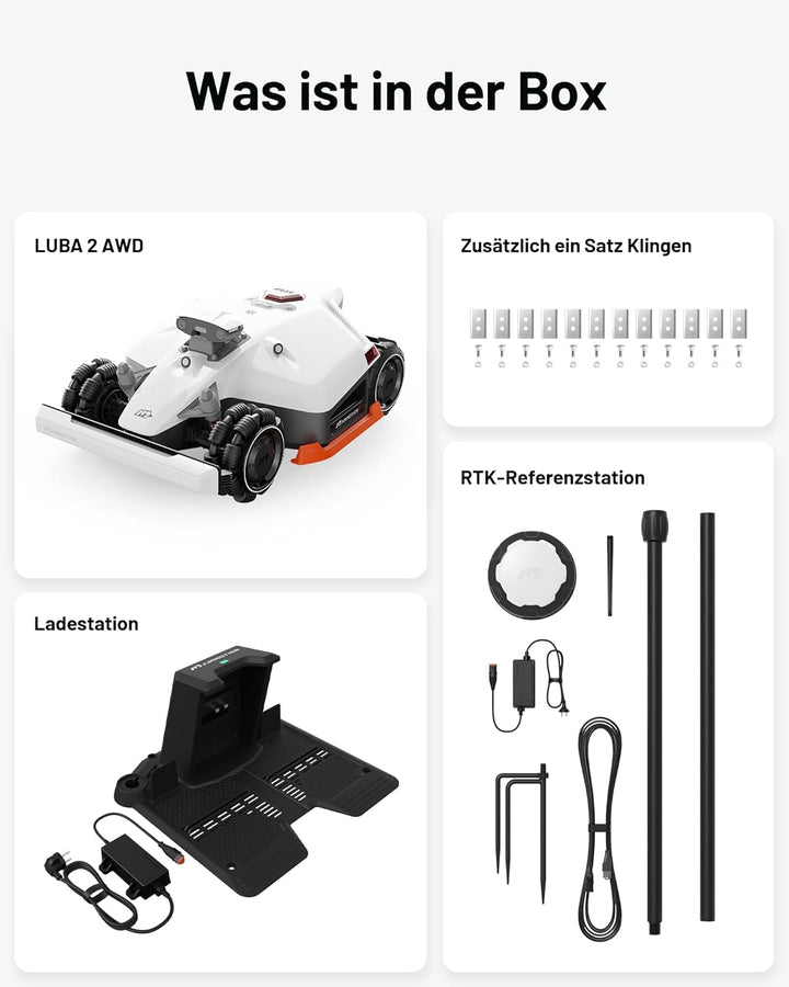 MAMMOTION LUBA 2 AWD 3000X Mähroboter ohne Begrenzungskabel, NetRTK+Vision, Keine RTK-Antenne erforderlich, Auto-Kartierung, Empf. 3000m², Max. 3600m², mit 4G-Modul, 80% Steigung