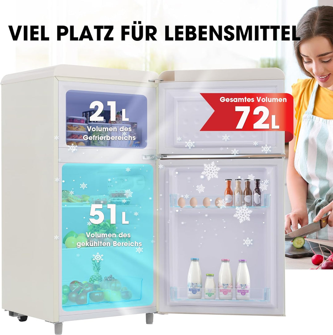Merax Kühlschrank mit Gefrierfach, Kühl-Gefrierkombination, klein Kühlschrank mit 51L und Gefrierschrank 21L, Leise, LED, Glasablagen, Gemüsefach, Türablagen, für Küche, Wohnzimmer, Büro, Schwarz