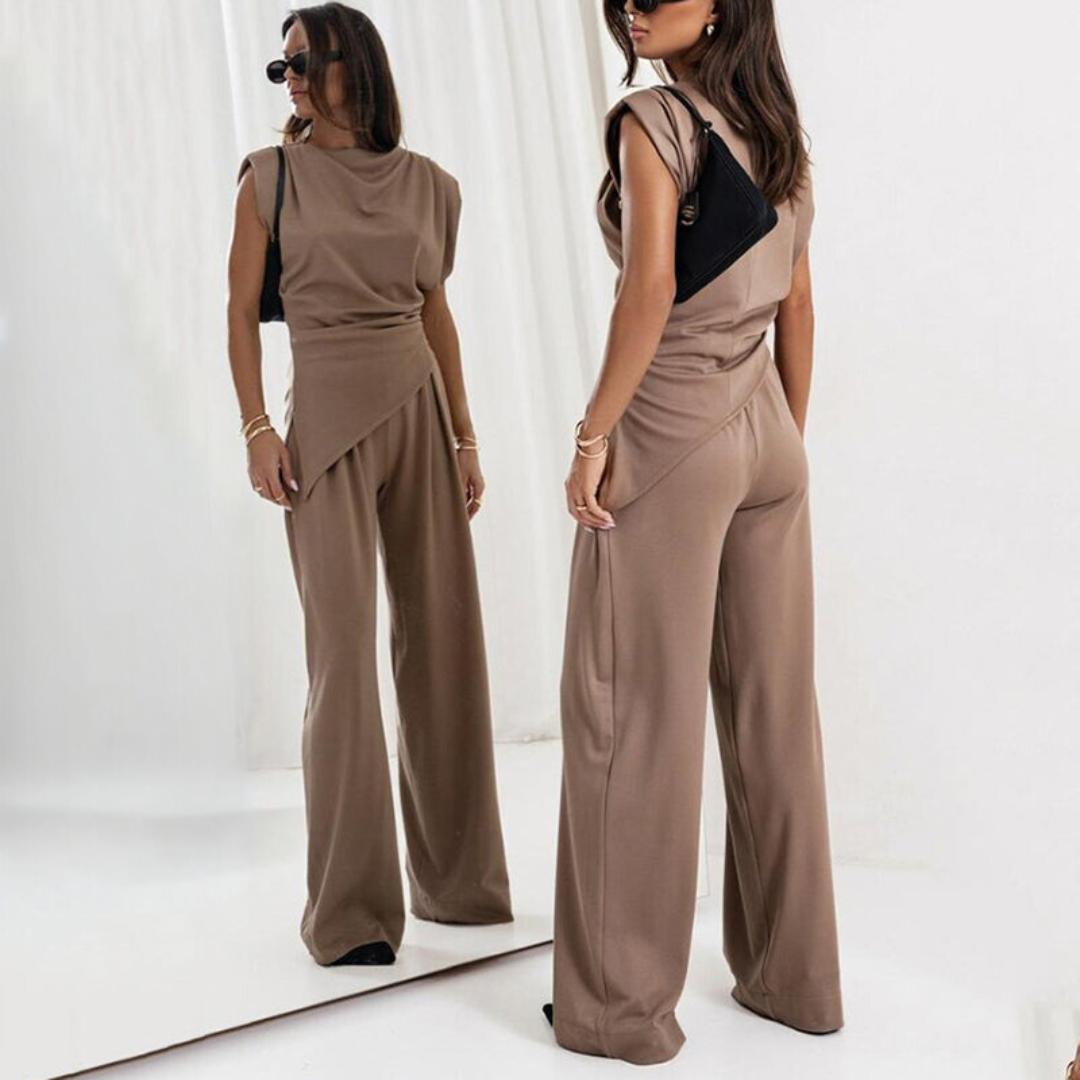 Conjunto de dos piezas con top sin mangas y pantalón palazzo para mujer