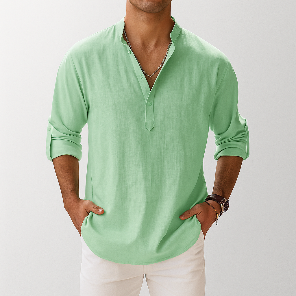 Chemise en lin pour homme avec col mao et manches longues