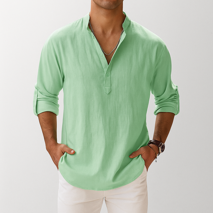 Chemise en lin pour homme avec col mao et manches longues