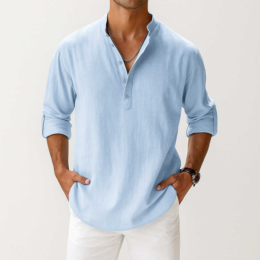 Chemise en lin pour homme avec col mao et manches longues